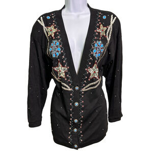 Vintage Marisa Christina Classics Beaded Cardigan Womens Small Turqoise Black